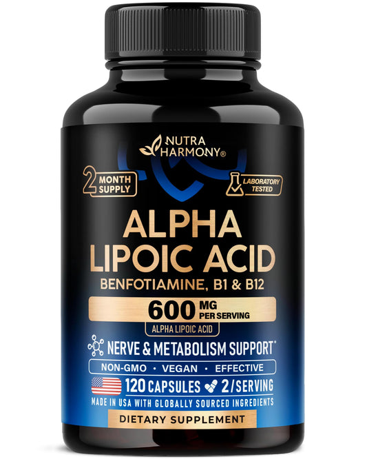 Alpha Lipoic Acid 600mg - ALA Supplement Antioxidant for Nerve, Energy & Metabolism Support - Extra Strength with Benfotiamine, B1 & B12 - Lab Tested, NON-GMO & Vegan NUTRAHARMONYUS supplements
