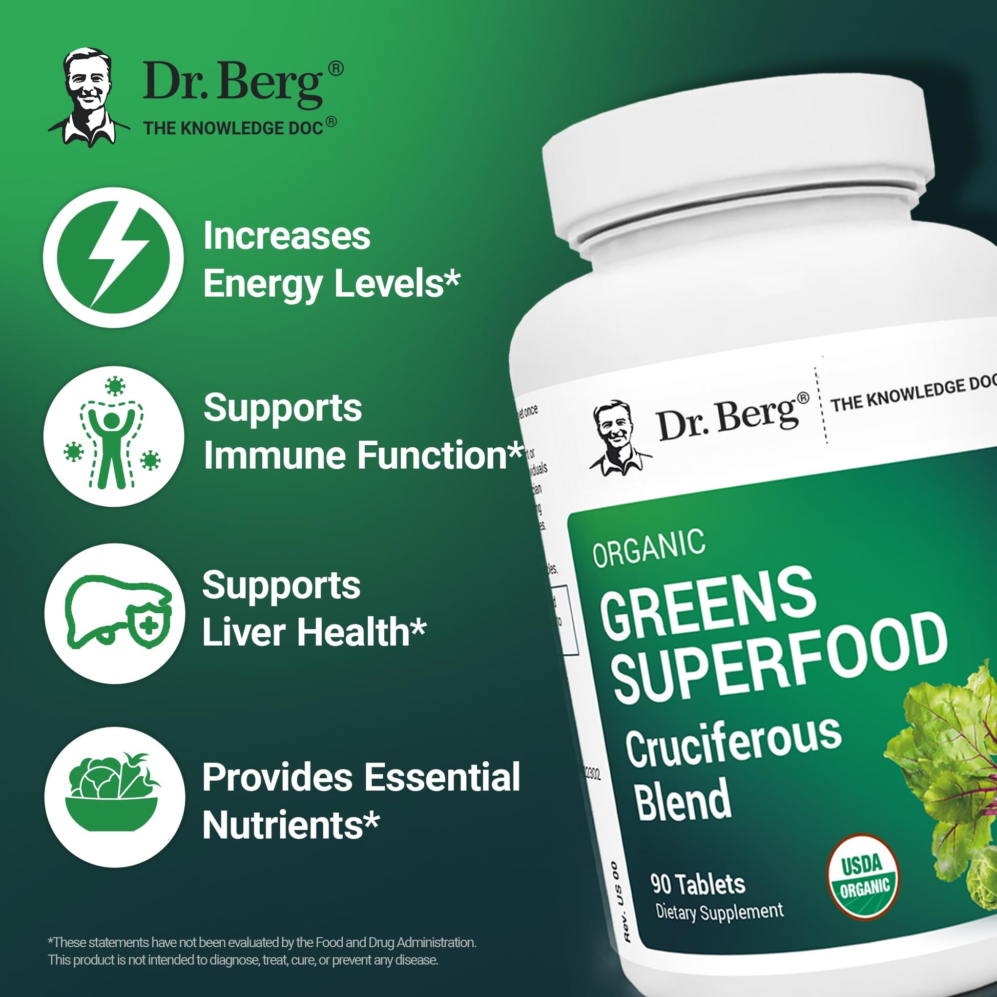 Dr. Berg's Greens Superfood Cruciferous Vegetable Tablets - Vegetable Supplements for Adults w/ 11 Phytonutrient Super Greens - Energy, Immune System & Liver Veggie Tablets - 90 Tablet Dr. Berg Nutritionals Au supplements