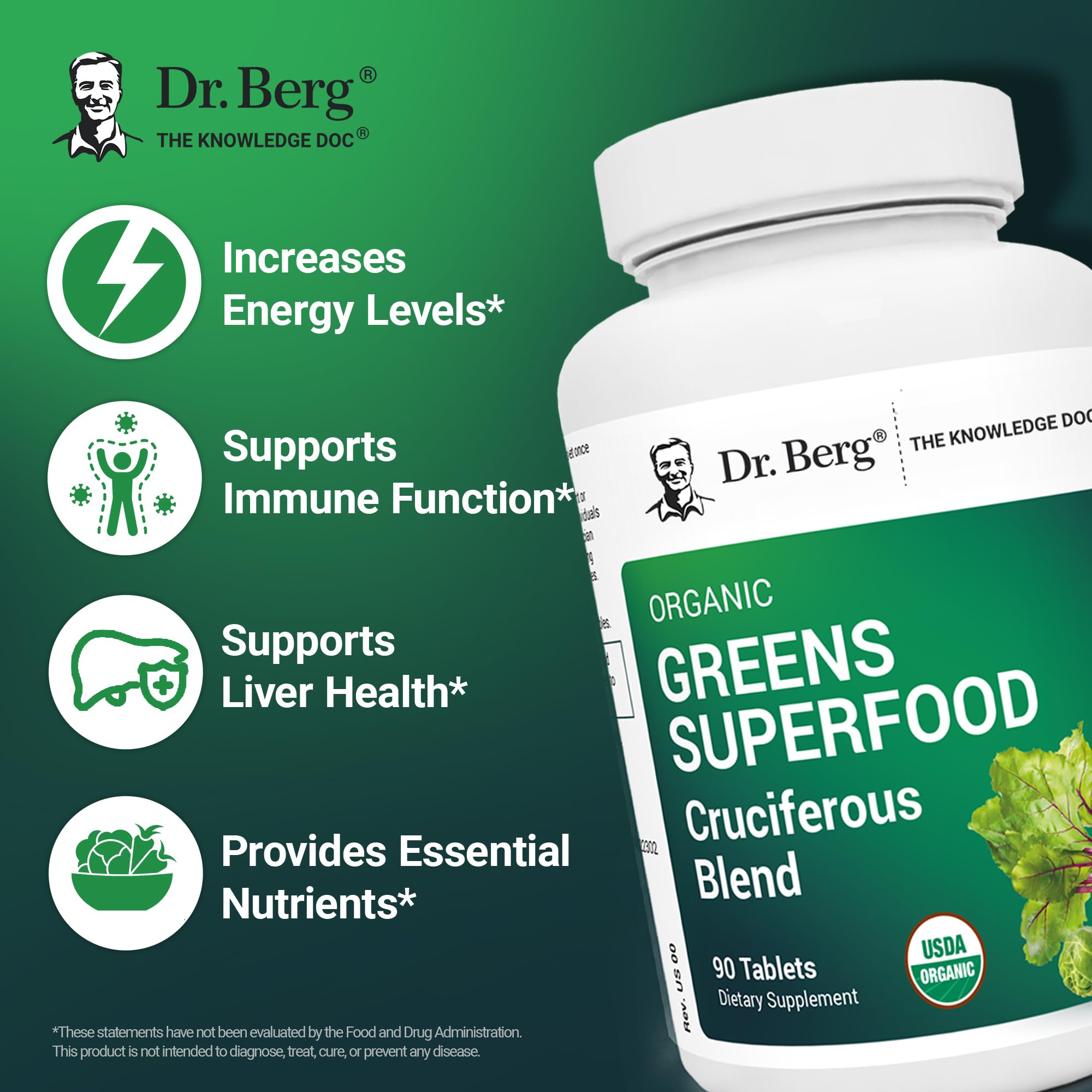 Dr. Berg's Greens Superfood Cruciferous Vegetable Tablets - Vegetable Supplements for Adults w/ 11 Phytonutrient Super Greens - Energy, Immune System & Liver Veggie Tablets - 90 Tablet Dr. Berg Nutritionals Au supplements
