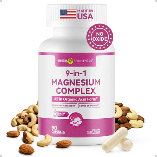 9-in-1 Magnesium Complex, 300mg Magnesium from 9 Organic Forms, Glycinate, Citrate, Malate, High Absorption for Sleep & Relaxation, Energy & Muscle Support, 90 Capsules Inner BrightnessAu supplements