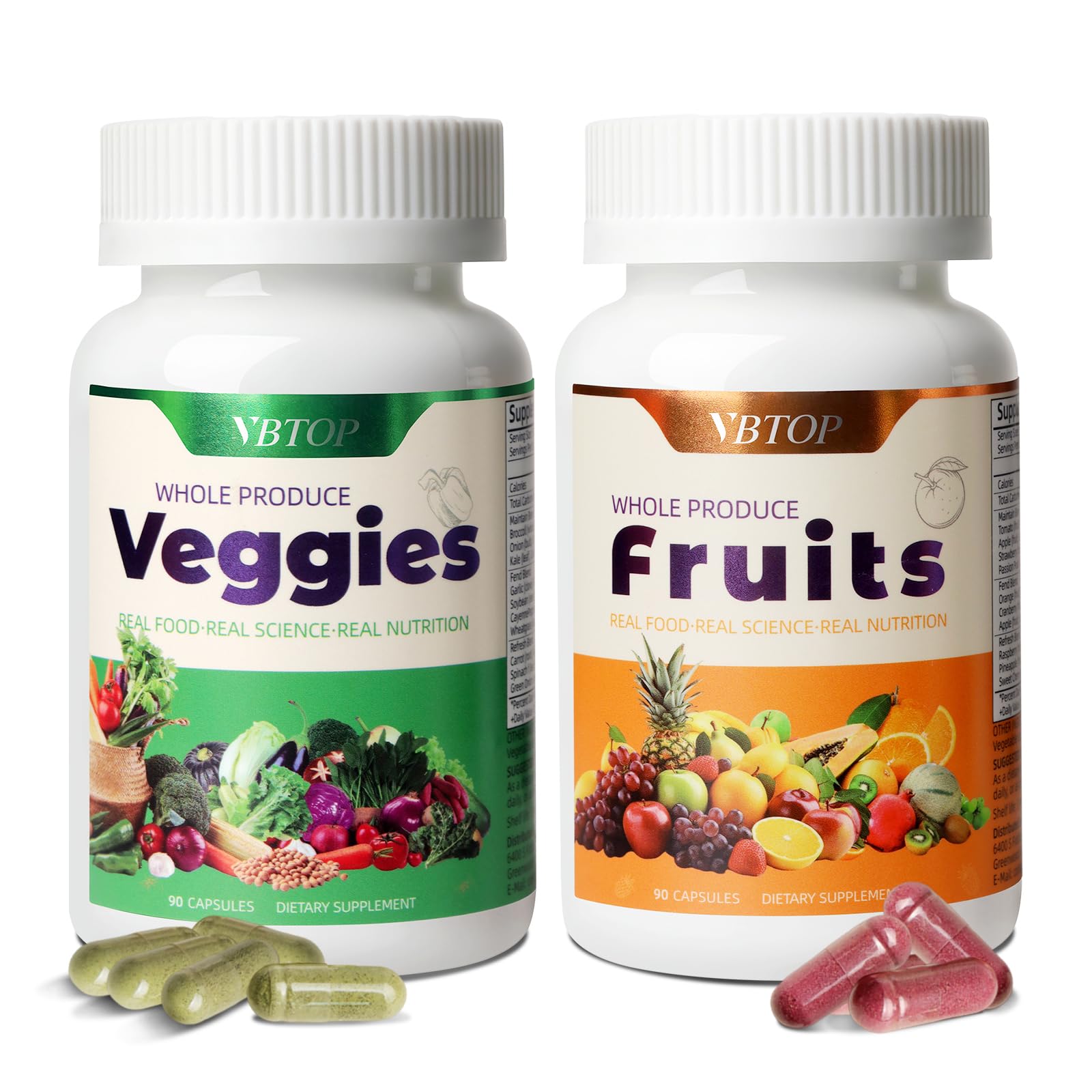 VBTOP Fruit & Vegetable Supplement - Natural Ingredients - 2 Bottles - 180 Capsules Total | A Blend of 20+19 Natural Whole Fruits & Vegetables, a Fresh superfood Formula Rich in Vitamins and Minerals VBTOP Au supplements