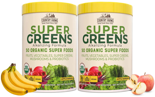 Country Farms Super Greens Apple Banana Powder Smoothie, Organic Super Foods, USDA Organic Drink Mix, Fruits, Vegetables, Mushrooms, Superfood Nutrition, 40 Servings, 2 Pack Country FarmsAU supplements