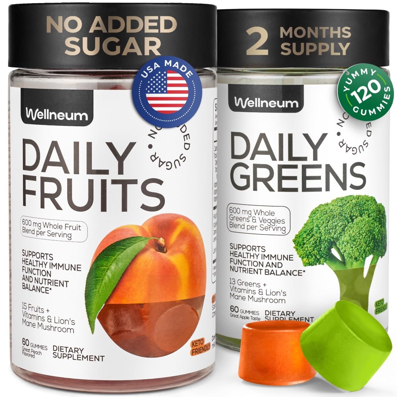 Super Greens + Super Fruits Gummies (Fruits/Greens Powder in Gummies Form) - 600mg Greens Blend + 600mg Fruits Blend for Immune Support, Sugar Free, Vegetarian, Non-GMO, 2-Pack (120 Gummies) Wellneum Au supplements