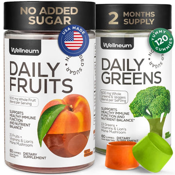 Super Greens + Super Fruits Gummies (Fruits/Greens Powder in Gummies Form) - 600mg Greens Blend + 600mg Fruits Blend for Immune Support, Sugar Free, Vegetarian, Non-GMO, 2-Pack (120 Gummies) Wellneum Au supplements