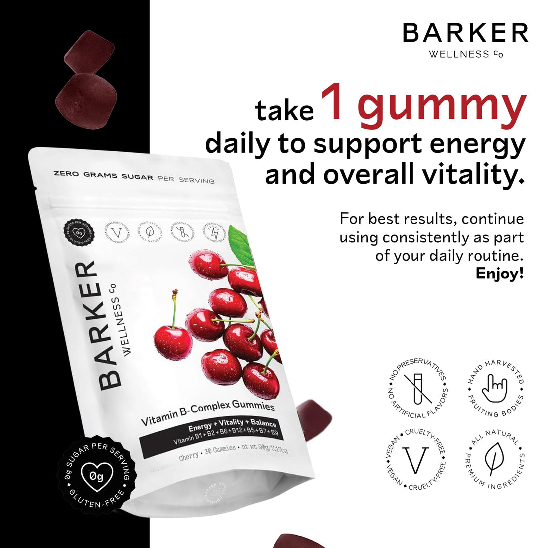 Barker Wellness Vegan B-Complex Gummies – Comprehensive Energy & Metabolism Boost with B1, B5, B6, B7 Biotin, B9 Folate, B12 Barker Wellness Co uk supplements