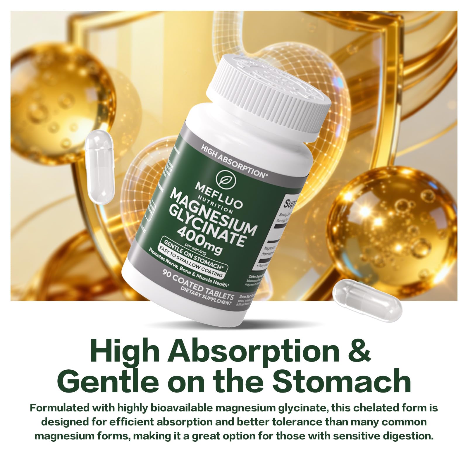 Magnesium Glycinate 400mg – High Absorption Magnesium Supplement for Muscle, Nerve & Sleep Support – Gentle on Stomach, Non-GMO, Vegan Capsules, 90 Count Mefluo Au supplements