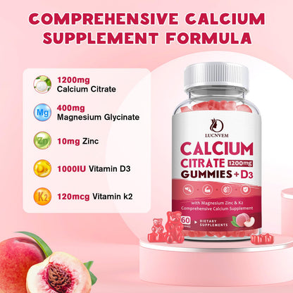 (2 Pack) Calcium Citrate 1200mg with Vitamin D3 Supplements Gummies for Women & Men, Calcium Gummies with Vitamin D3 K2, High Absorption LUCNVEMUS supplements