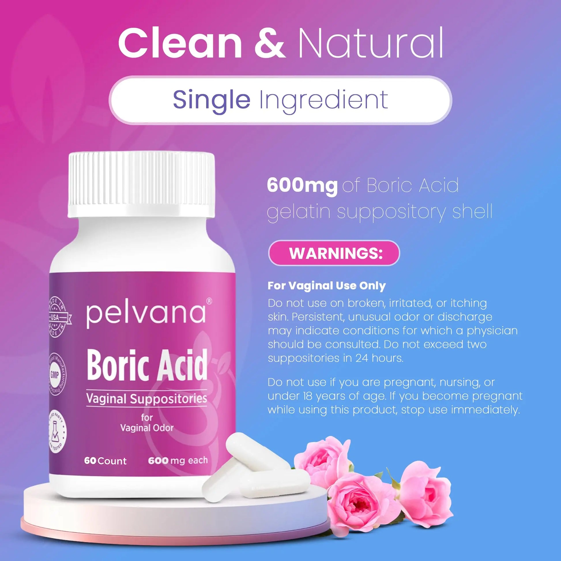 Pelvana Boric Acid Suppositories for Women - 60 Count - 600mg Boric Acid Capsules for Vaginal Odor Use Pelvana Au supplements