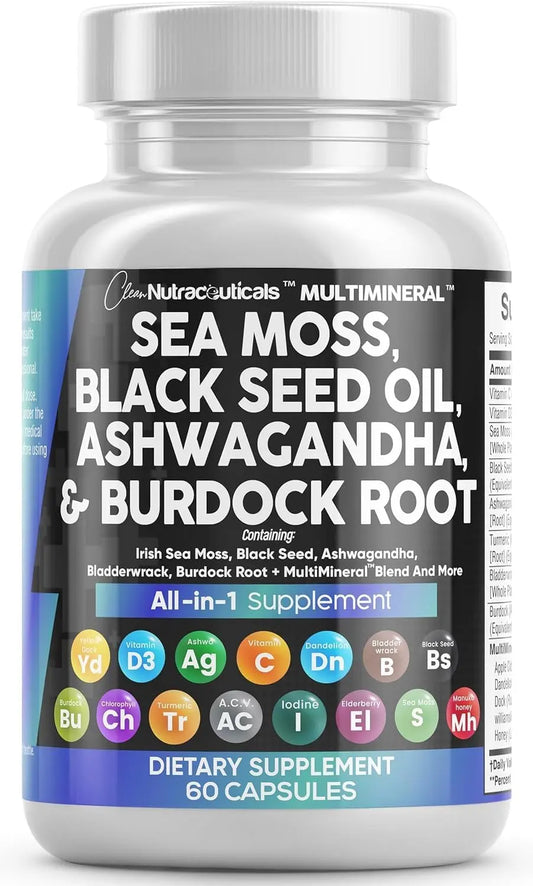 Clean Nutraceuticals Sea Moss Black Seed Oil Ashwagandha Turmeric Bladderwrack Burdock & Vitamin C Vitamin D3 with Elderberry Clean NutraceuticalsAU supplements