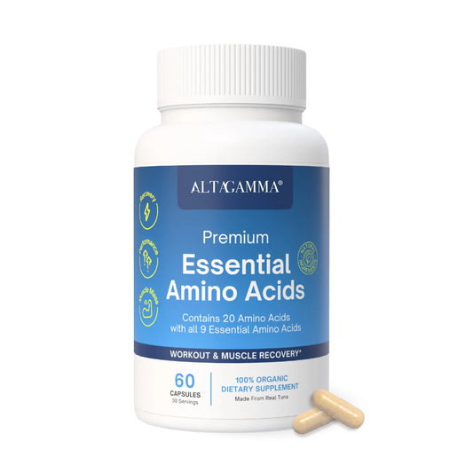 ALTAGAMMA Pure Amino Acids Complex - Protein for Pre/Post Workout, Energy & Muscle Recovery - 9 Essential Amino Acids Supplement (EAA) & BCAAs - Leucine, Lysine, L Tyrosine, L Arginine, 60 Capsules ALTAGAMMAAU supplements