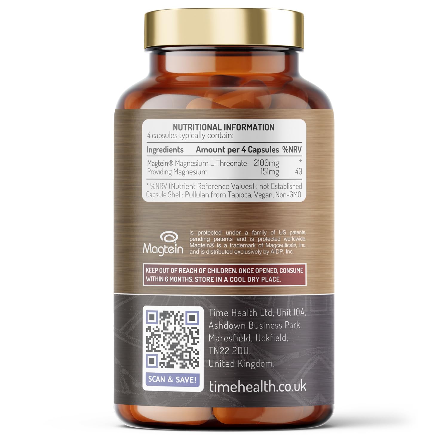 Magtein® Magnesium – 120 Capsules – High Strength 2100mg – Highly Bioavailable Time Health Au supplements
