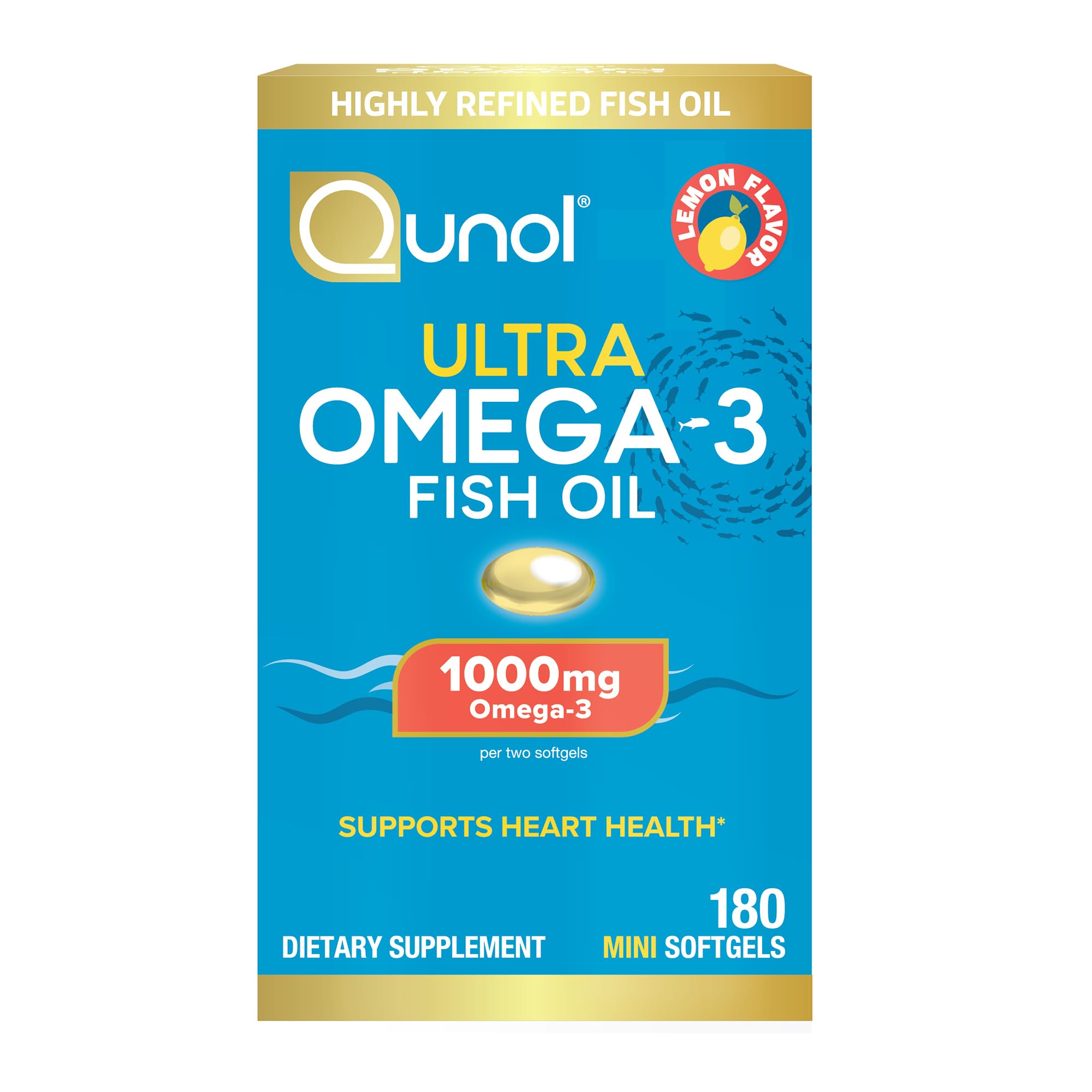 Qunol Fish Oil Omega 3 Mini Softgels, 1000mg Omega 3 EPA + DHA, Ultra Pure Supplements, Heart Health Support, Lemon Flavor, Easy to Swallow Minis, 3 Month Supply, 180 Count Qunol Au supplements