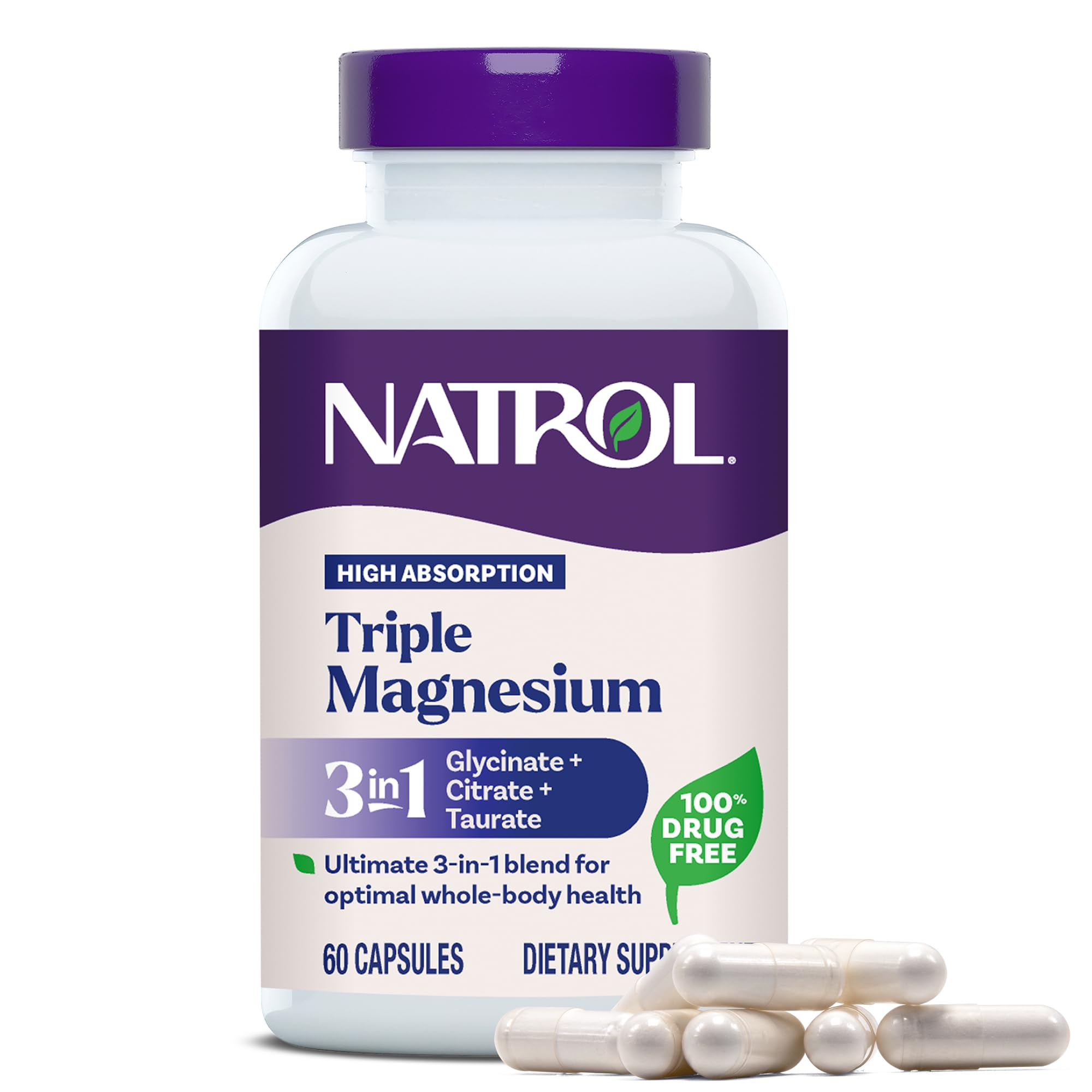 Natrol Triple Magnesium Complex Supplement, Glycinate, Citrate & Taurate 200mg High Absorption, Support Whole Body Wellness, 60 Capsules Natrol Au supplements