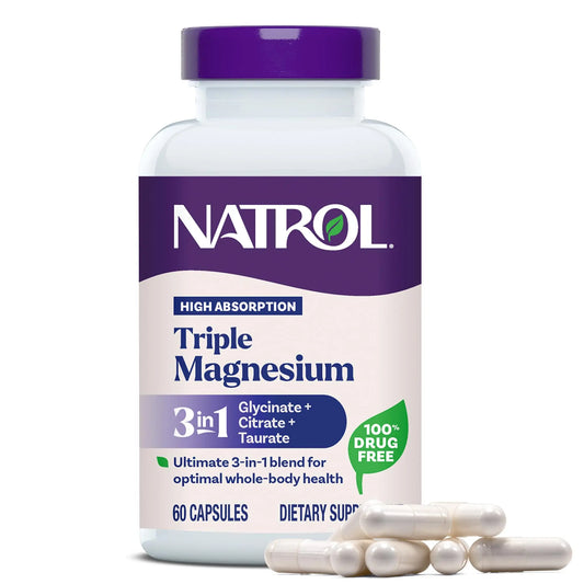 Natrol Triple Magnesium Complex Supplement, Glycinate, Citrate & Taurate 200mg High Absorption, Support Whole Body Wellness, 60 Capsules NatrolAu supplements