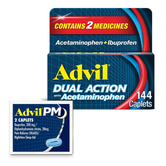 Advil Dual Action With Acetaminophen And Ibuprofen (2 Dose Equivalent) For 8 Hour Pain Relief, Coated 144 Ct Caplets And 2 Ct. Sample Of Advil PM AdvilAu supplements