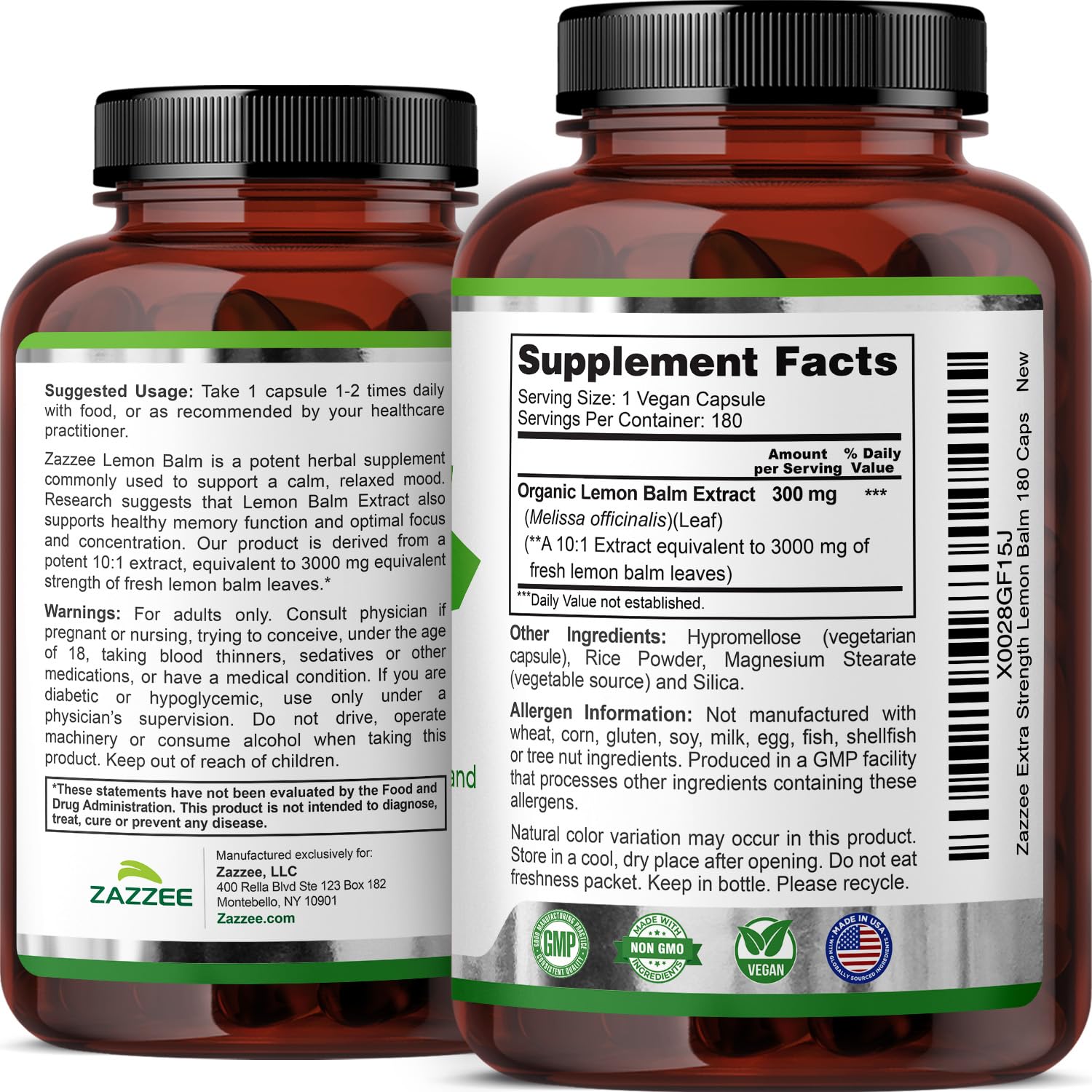 Zazzee Organic Lemon Balm 10:1 Extract, 180 Vegan Capsules, 6 Month Supply, Melissa Officinalis, Calm, Mood, Stress & Relaxation Support, Herbal Supplement, All-Natural, Non-GMO, Made in the USA Zazzee Au supplements