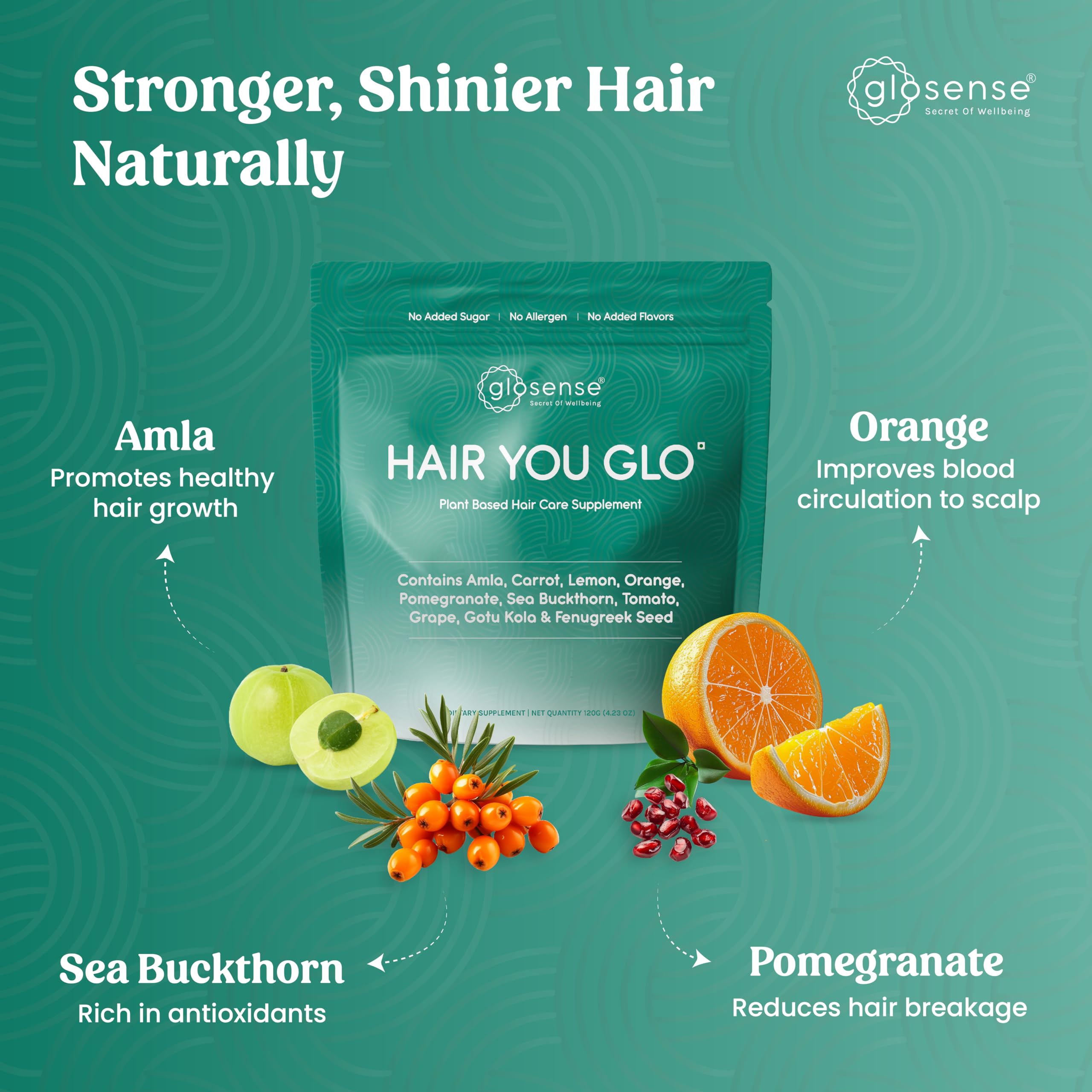 Glosense Hair You Glo – Plant-Based Biotin Supplement | Hair Growth Drink | Natural Hair Vitamins Powder with Amla, Sea Buckthorn, Gotu Kola | No Added Sugar, No Added Flavours | 30 Servings Glosense Au supplements