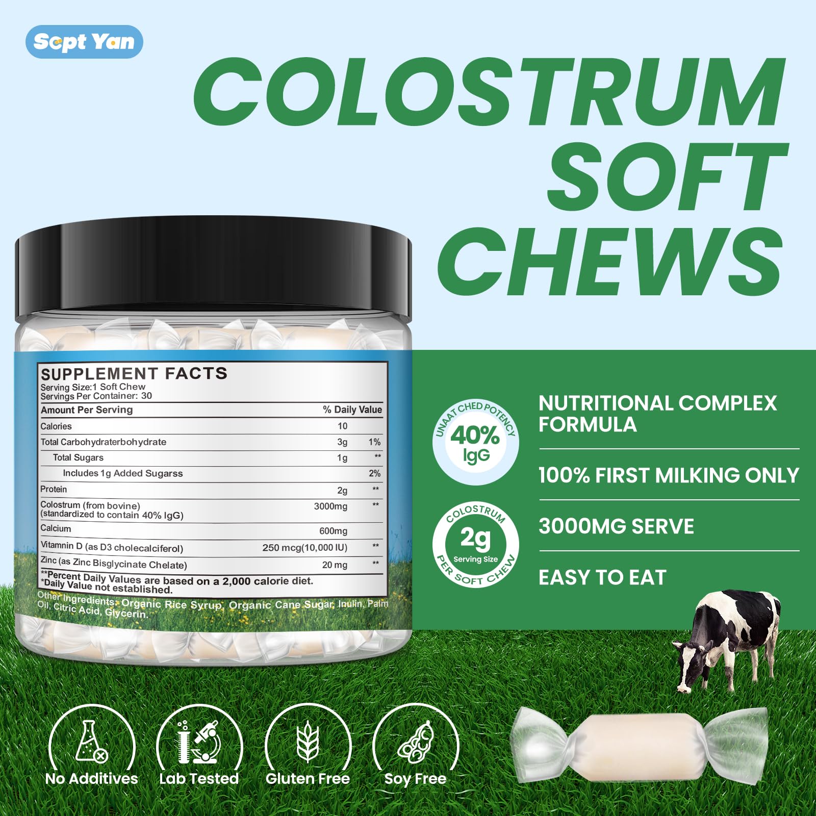 Colostrum Soft Chew Supplement (3000mg + 40% IgG), Concentrated Bovine Colostrum SEPT YAN Au supplements