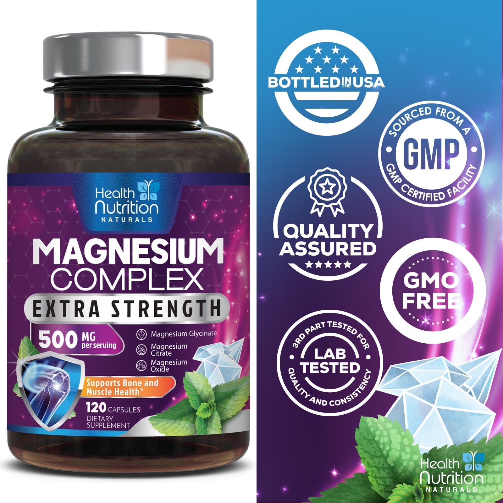 Magnesium Complex Capsules - 500mg per Serving Magnesium - High Absorption Chelated Mineral Supplement - with Oxide, Glycinate, Malate, Citrate for Muscle Bone and Heart Health Support - 120 Capsules Health Nutrition Naturals Au supplements