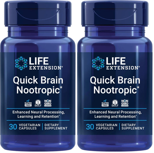Life Extension Quick Brain Nootropic, Fast Thinking, Learning, Concentration, Lutein, zeaxanthin, gotu kola, bacopa, Gluten Free, Non-GMO, Vegetarian, 1 Daily, 30 Capsules, (Pack of 2) Life ExtensionAu supplements