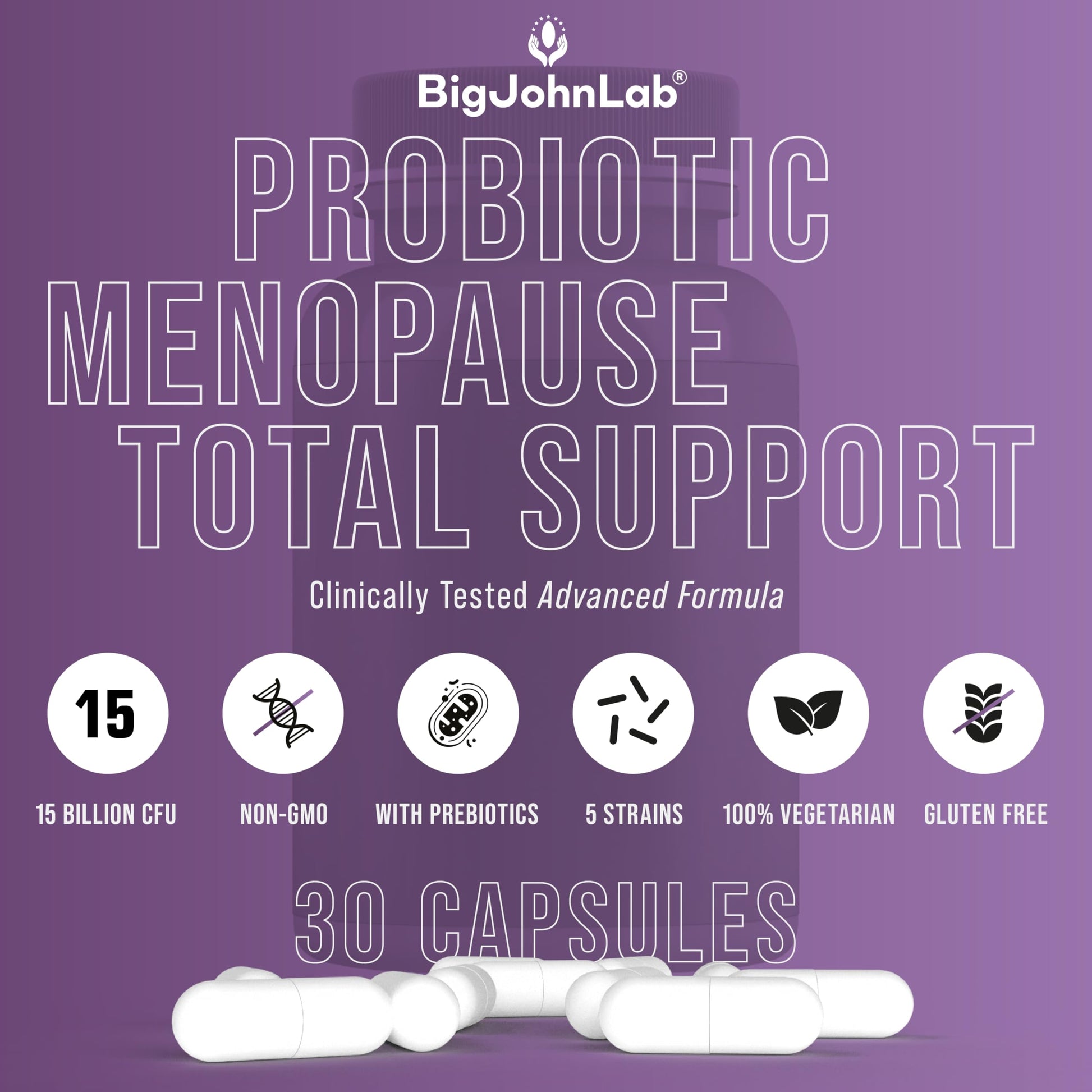 BIGJOHNLAB® - Menopause Total Support – Advanced Probiotic Formula with 5 Strains & 15 Billion CFU, Resveratrol, Black Cohosh, Acacia Fiber, Non-GMO & 100% Vegetarian BIGJOHNLAB Au supplements
