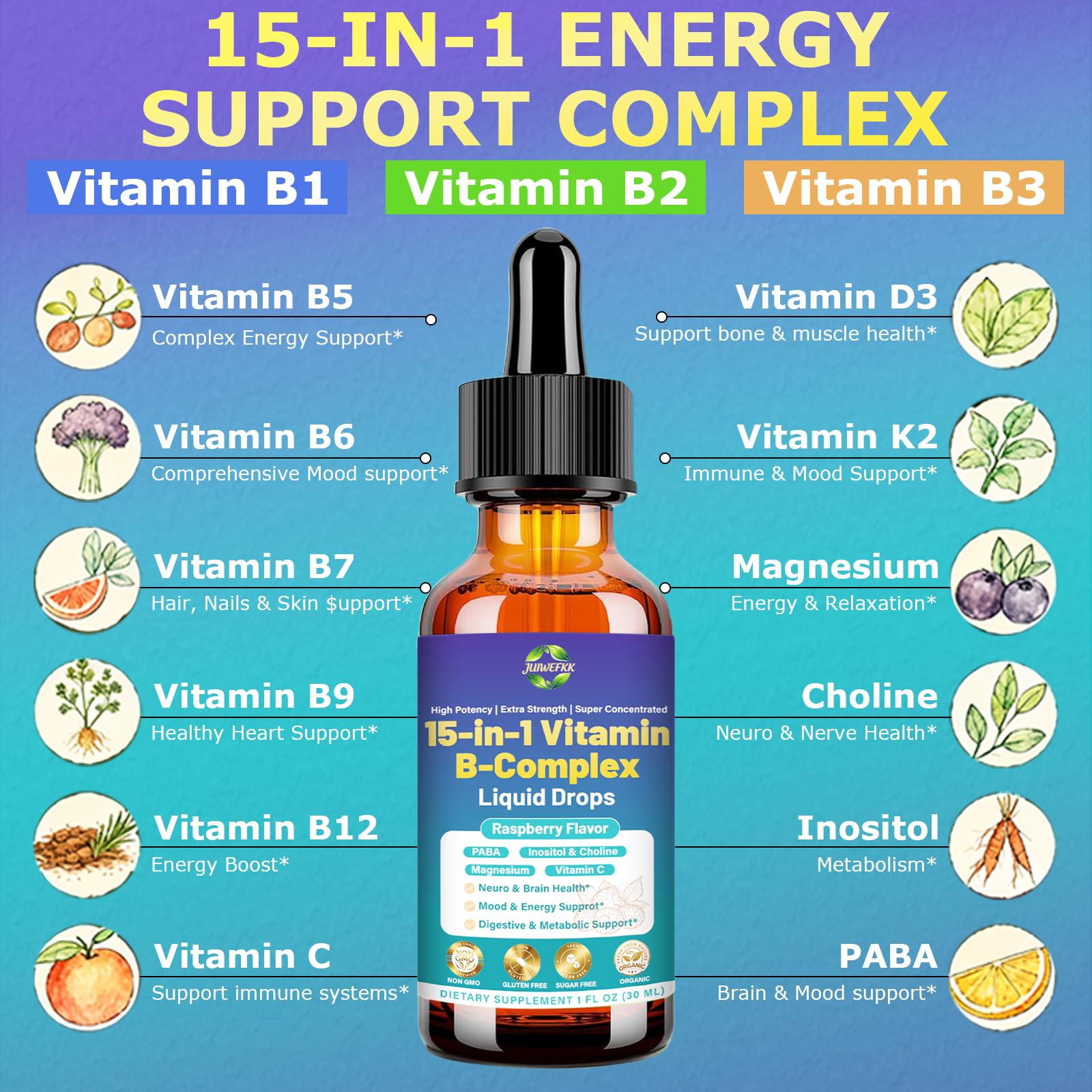 Advanced Vitamin B Complex Liquid Drops for Women Men & Kids, 15-in-1 VIT B Complex with Vitamin C B12 B6 B1 Niacin Folate for Brain Nerve Neuropathy Energy Mood Health, Sublingual B-Complex Drops JUIWEFKK Au supplements