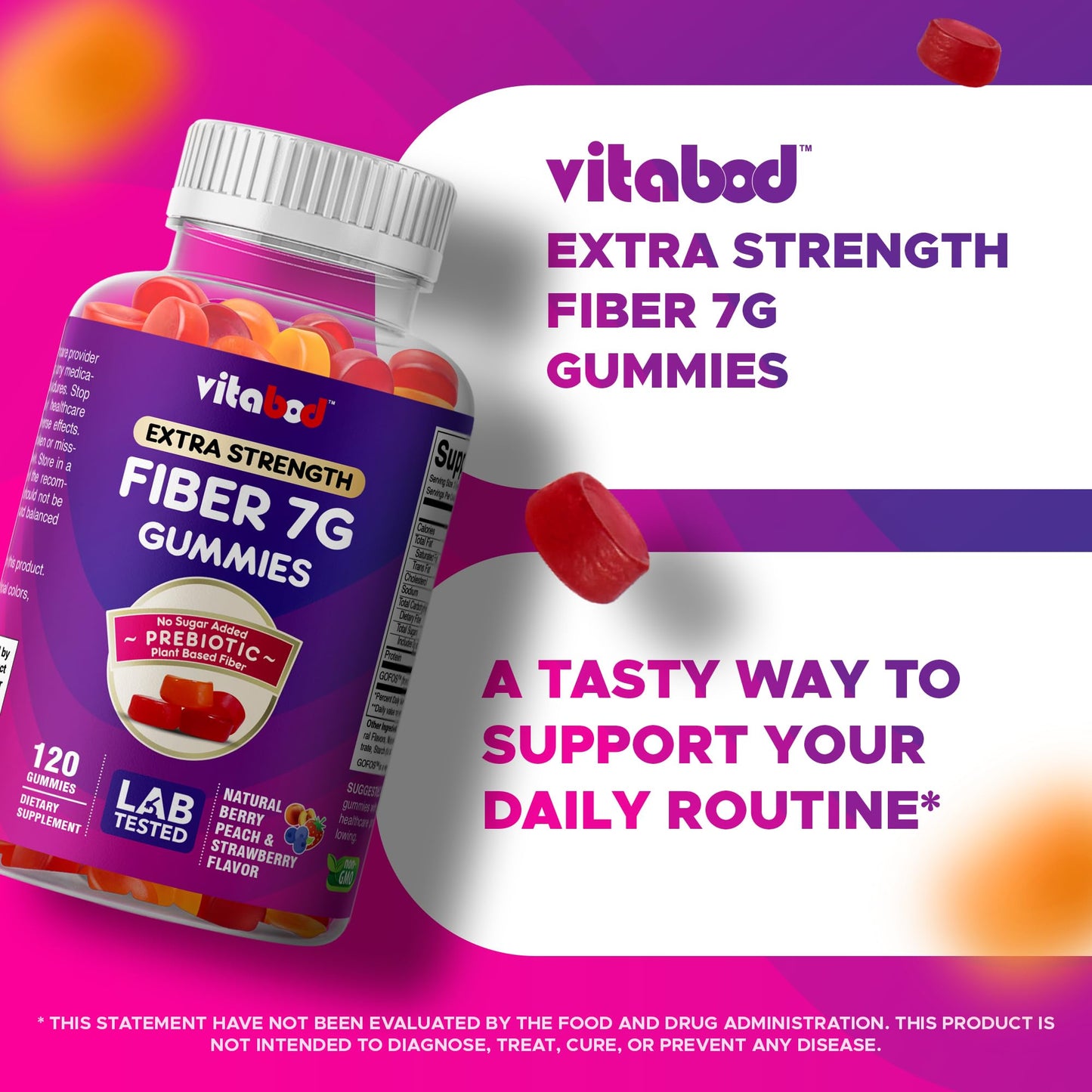 Vitabod Fiber Gummies 7G Per Serving for Digestive Health & Regularity, Prebiotic GOFOS™ Plant-Based Fiber, No Sugar Added, Vegan, Berry Peach Strawberry, 120 Gummies (Adults, Women & Men) VitabodUS supplements