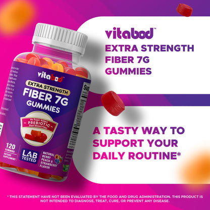 Vitabod Fiber Gummies 7G Per Serving for Digestive Health & Regularity, Prebiotic GOFOS™ Plant-Based Fiber, No Sugar Added, Vegan, Berry Peach Strawberry, 120 Gummies (Adults, Women & Men) VitabodUS supplements