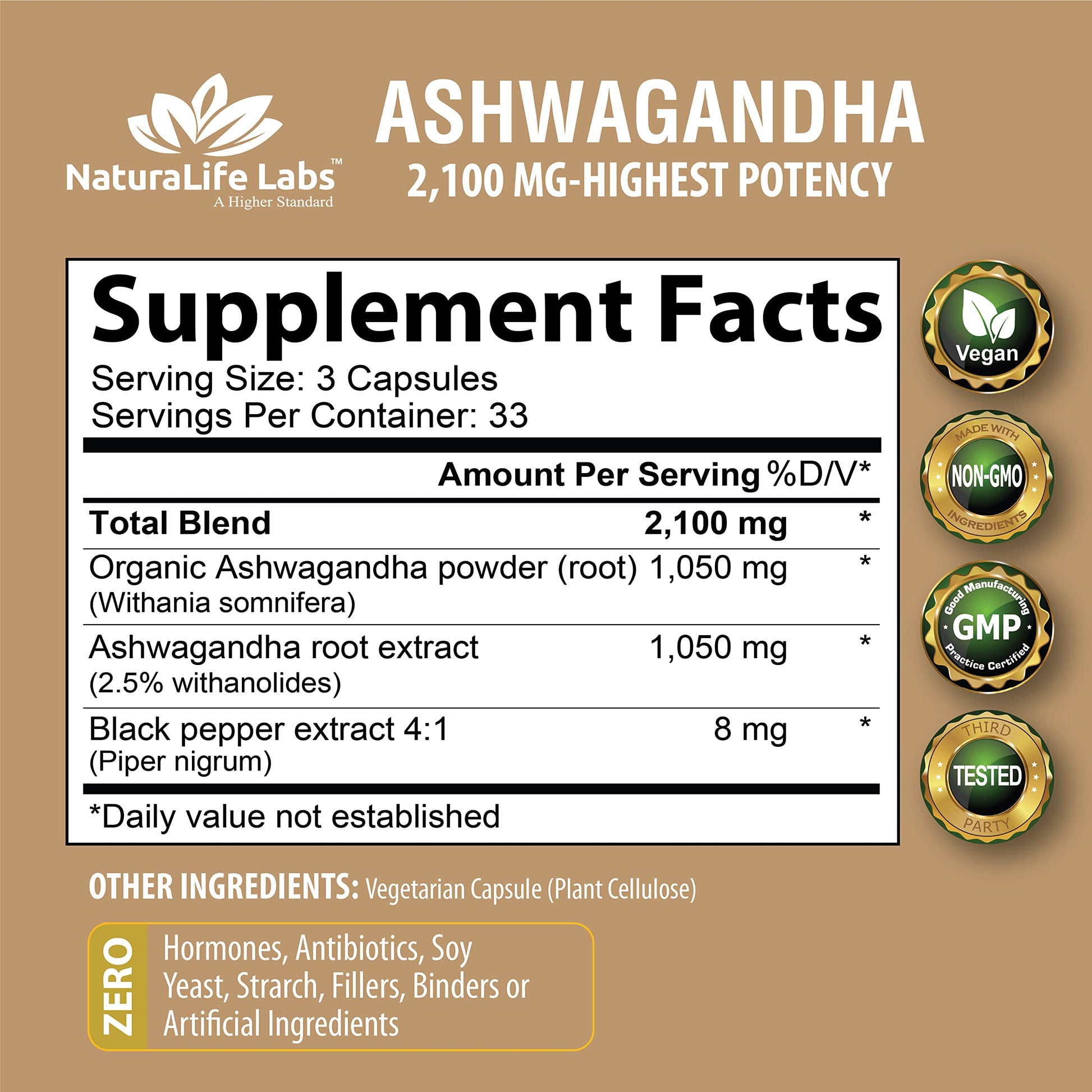 Organic Ashwagandha 2,100 mg - 100 Vegan Capsules Pure Organic Ashwagandha Powder NaturaLife Labs A Higher Standard Au supplements