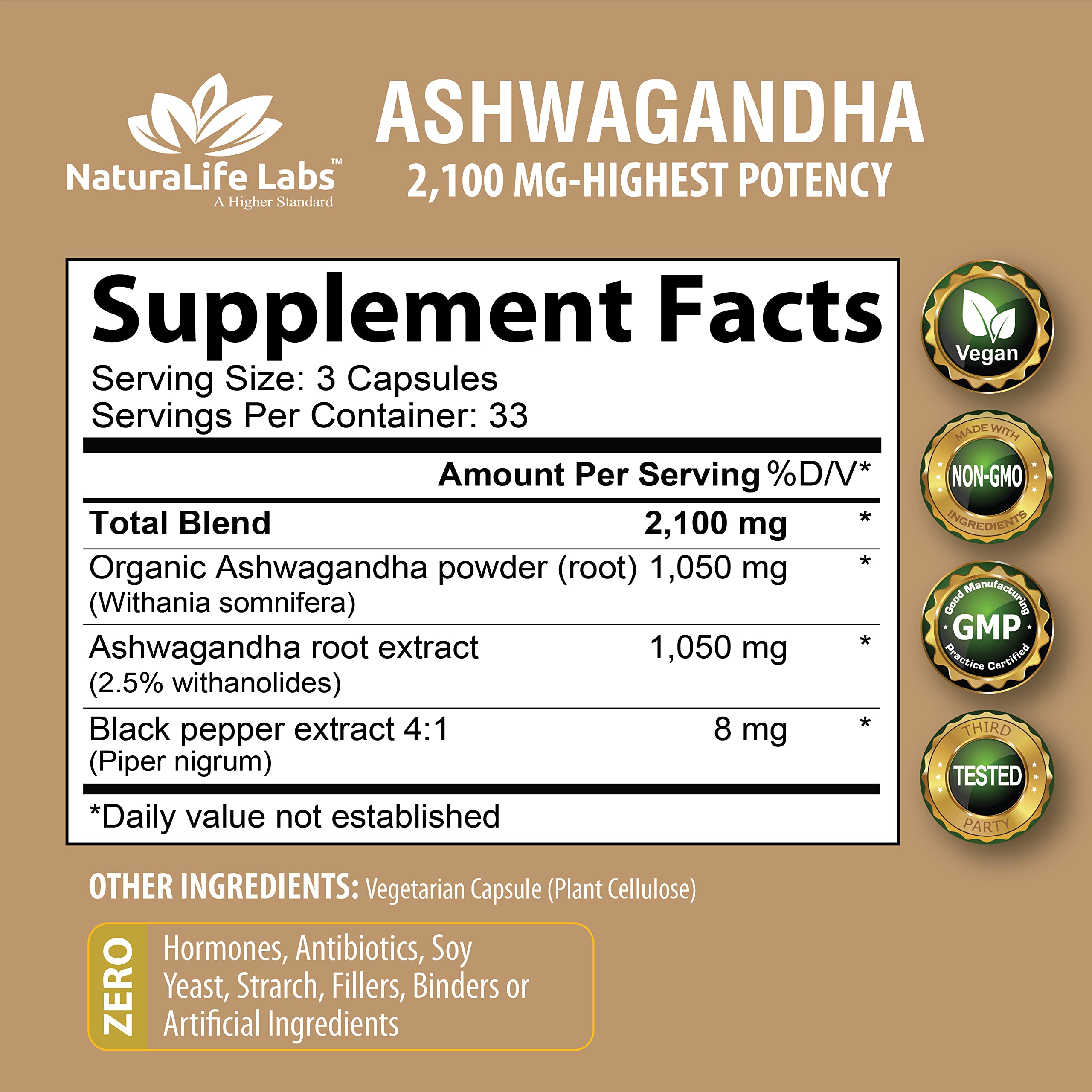 Organic Ashwagandha 2,100 mg - 100 Vegan Capsules Pure Organic Ashwagandha Powder NaturaLife Labs A Higher Standard Au supplements
