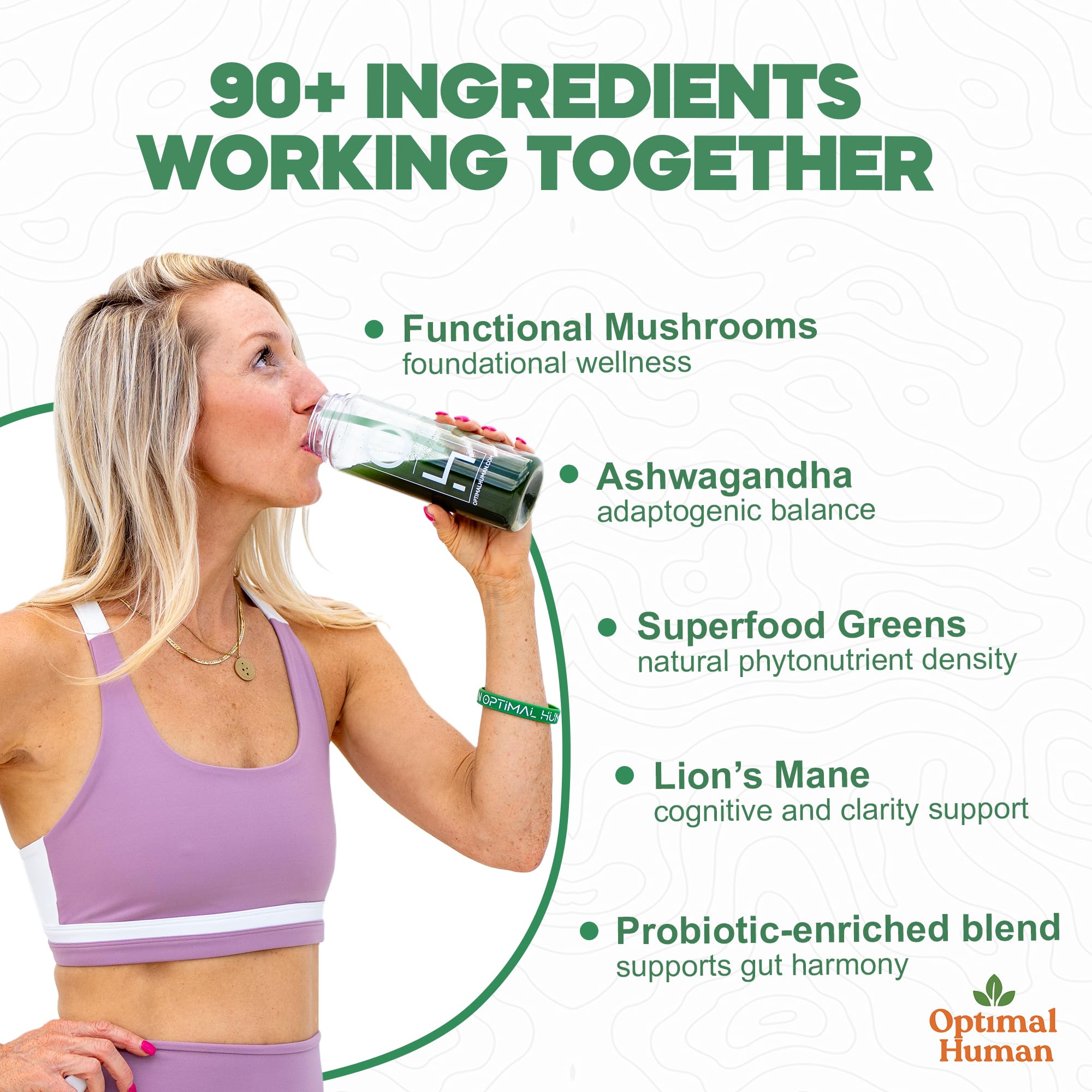 Optimal Human Superfood Greens Powder – 90+ Ingredient Blend with Lion’s Mane Supplement, Ashwagandha & Turmeric – Non-GMO, Soy-Free, Mushroom Supplements for Women – 20 Sachets O H Au supplements