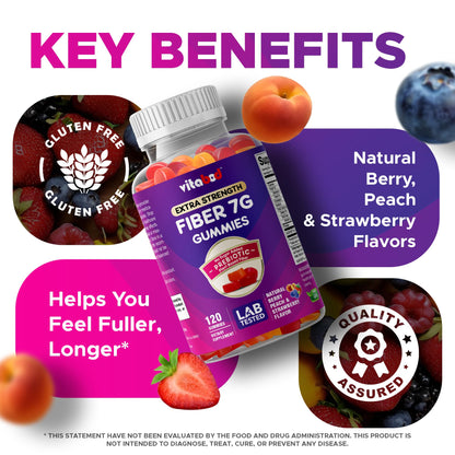 Vitabod Fiber Gummies 7G Per Serving for Digestive Health & Regularity, Prebiotic GOFOS™ Plant-Based Fiber, No Sugar Added, Vegan, Berry Peach Strawberry, 120 Gummies (Adults, Women & Men) VitabodUS supplements