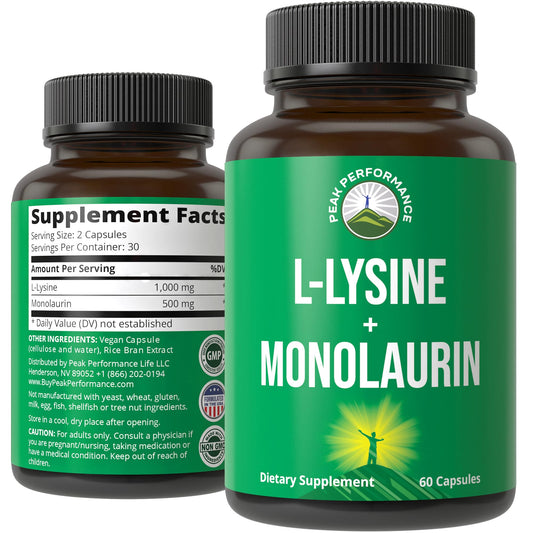 Peak Performance L Lysine 1000mg + Monolaurin 500mg High Potency Supplement for Lips, Skin, & Immune Support - L-Lysine 2-in-1 Bioavailable Supplements Peak PerformanceUS supplements