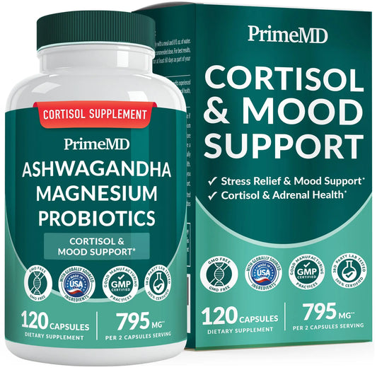 5-in-1 Cortisol Supplement for Women and Men with Ashwagandha for Calmness, Focus, and Adrenal Support Supplements with Shilajit Extract, Magnesium Glycinate, Probiotics (120 ct) (Pack of 1) PrimeMDAU supplements