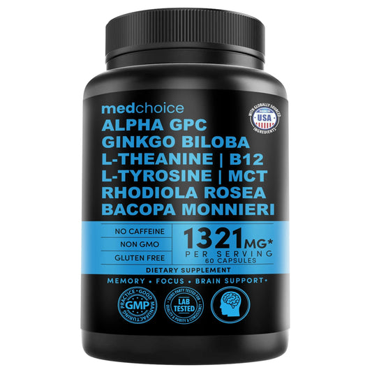 12-in-1 Nootropic Brain Supplement Anhydrous: Ginkgo Biloba for Brain Support, Memory and Focus - B12, Alpha GPC, L Theanine and Choline Supplements with Bioperine Non Caffeinated 1321mg (60ct) MEDCHOICEAU supplements