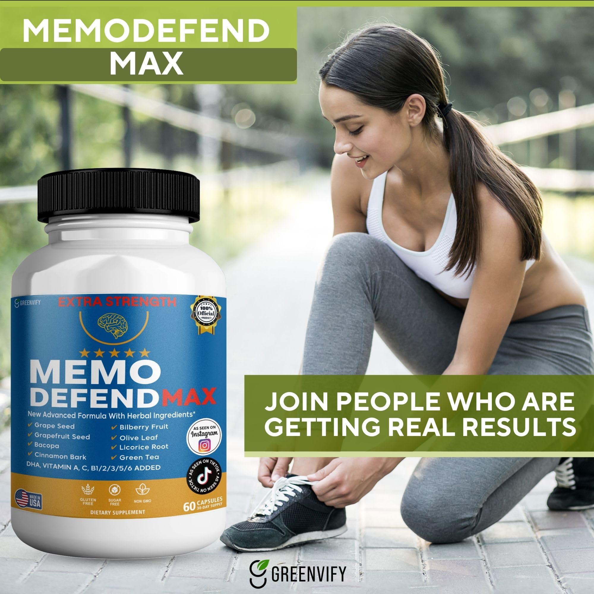 Memo Defend Max Memory Support Supplement, 60 Capsules, with Vitamins A C D E B Complex, DHA, Bacopa, Grapefruit Seed (1) GREENVIFY Au supplements