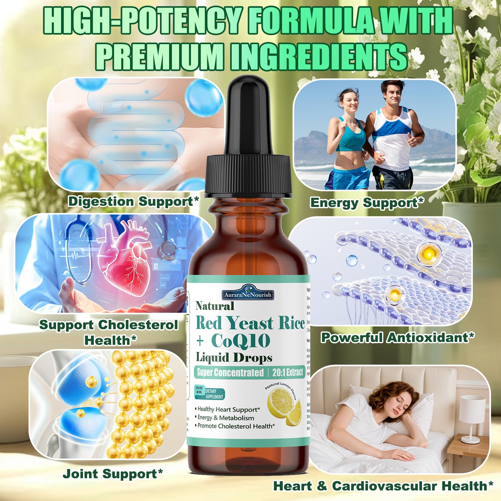 Liposomal Red Yeast Rice with Coq10 Liquid Drops, 5-in-1 Extra Strength 1200mg Cholesterol & Heart Support w. Citrus Bergamot Alpha Lipoic Acid | Cholesterol Lowering Supplement | GMO & Citrinin Free AuraraNeNourish Au supplements