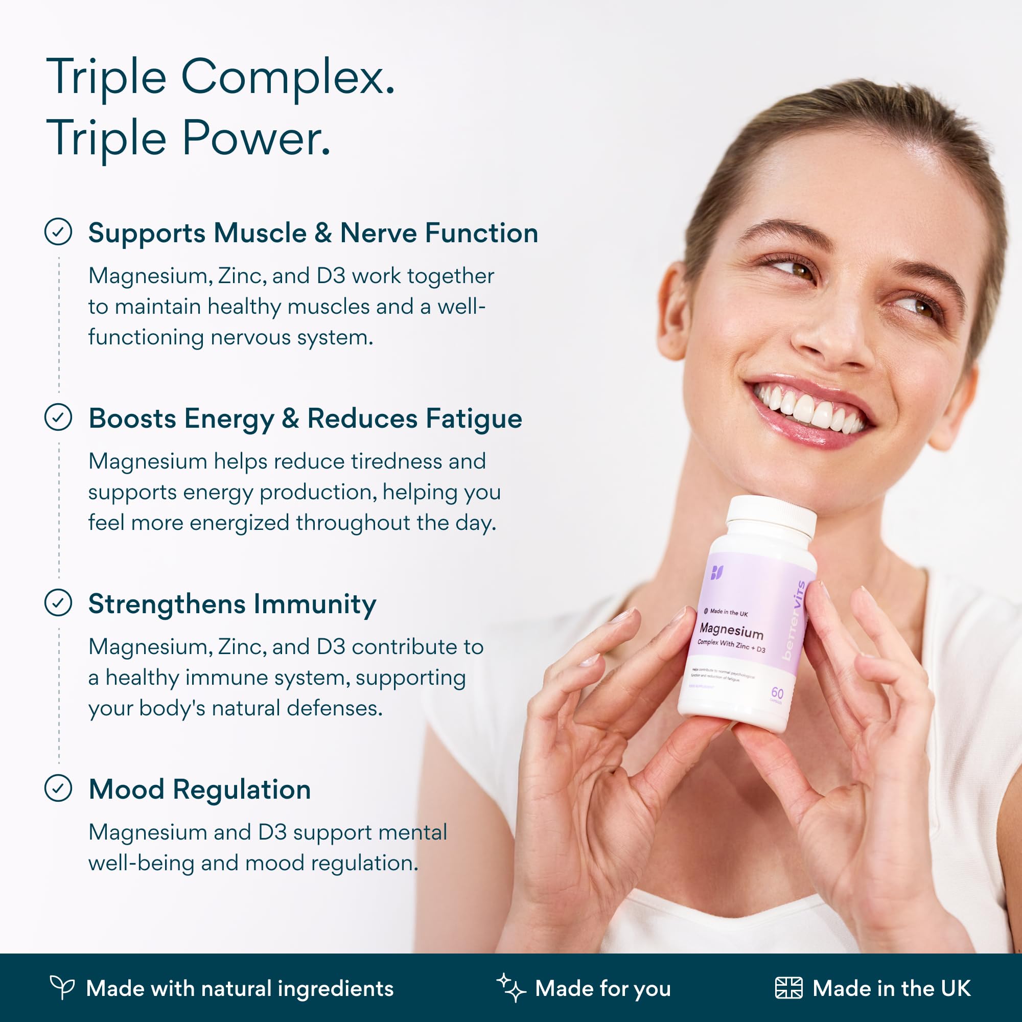 Bettervits Magnesium Glycinate Complex with Citrate Malate Zinc & Vitamin D3 | High Absorption Pure Magnesium 225mg Supplement Chelated Formula for Muscle Relaxation, Sleep Support – 60 Capsules Bettervits Au supplements