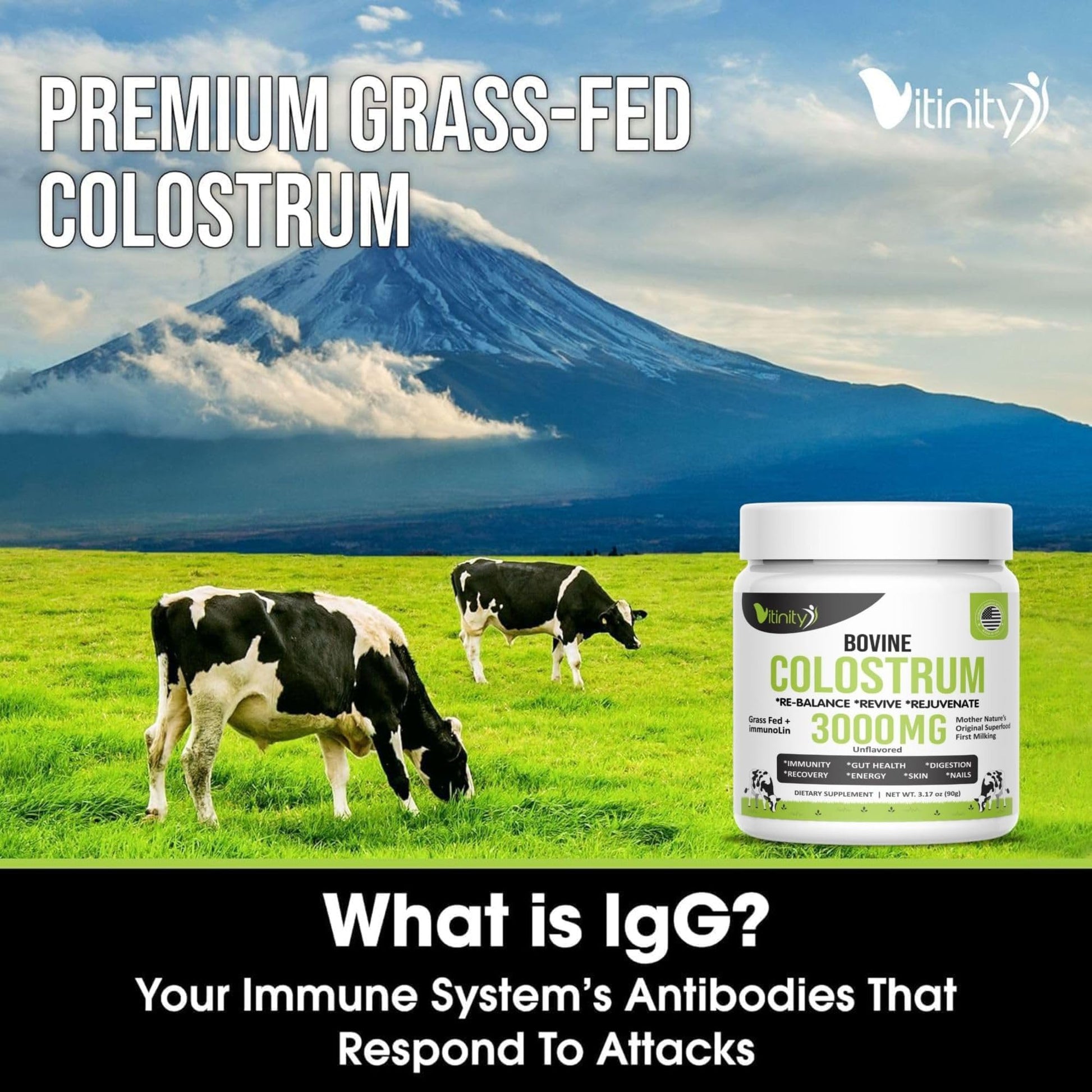 VITINITY Grass Fed Bovine Colostrum Powder for Humans 3000 mg - Natural IgG Colostrum Supplement Gut Health, Immune Support, Muscle Recovery, Wellness | Pure Colostrum Superfood,Unflavored 2 Pack VITINITY Au supplements