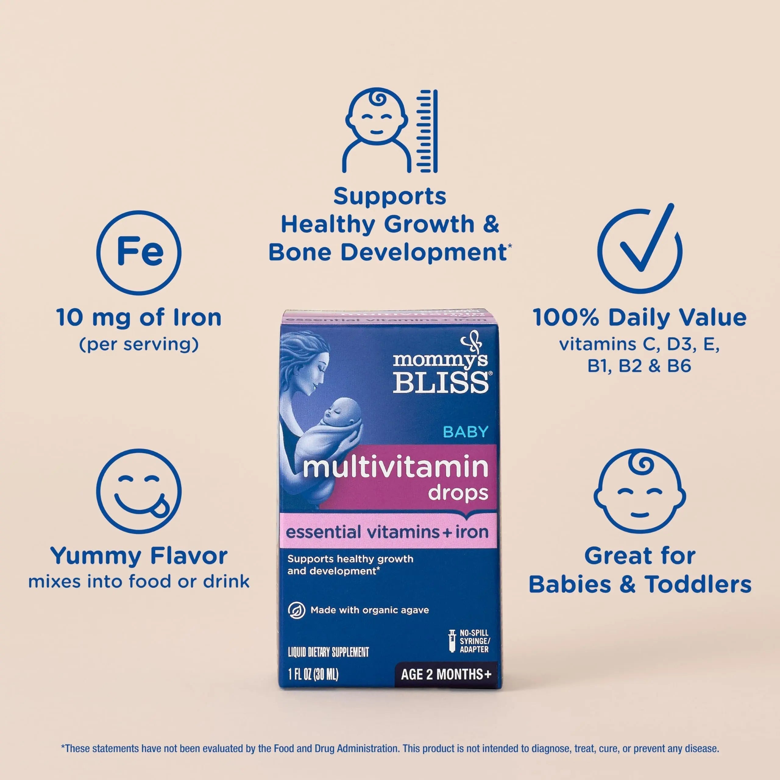 Mommy's Bliss Baby Multivitamin + Iron, Daily Essential Baby Vitamins for Immune Support, Healthy Growth & Bone Development, Age 2 Months+, 30 ml Mommy's Bliss Au supplements