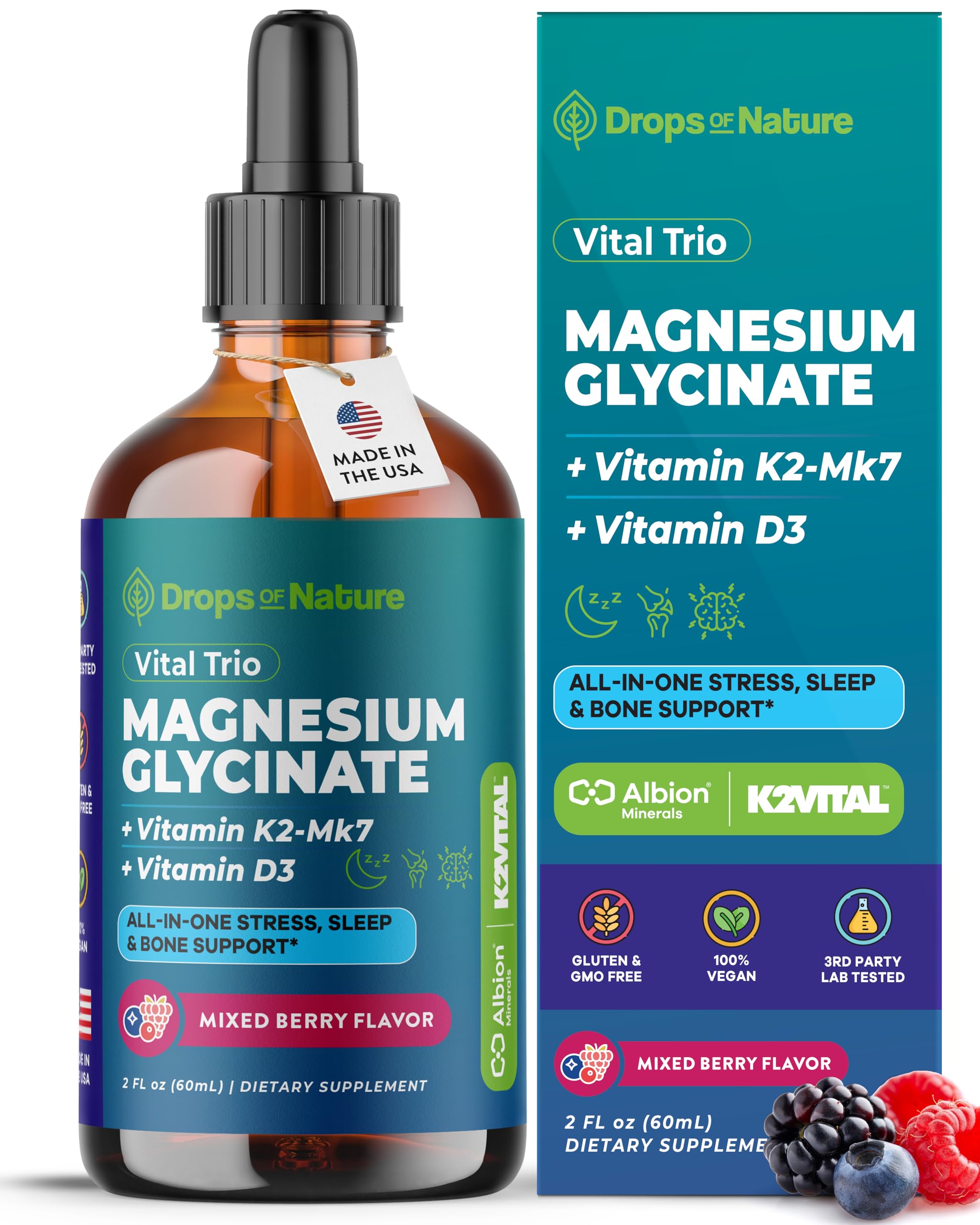 Magnesium Glycinate, Vitamin K2 & D3 Supplement – GMO-Free – VIT D MK7 K2 Vitamin Supplement & Magnesium Blend – with Nutrients for Bone Nutrition & Cardiovascular Function (Mixed Berry, 60 mL) Drops Of Nature Au supplements