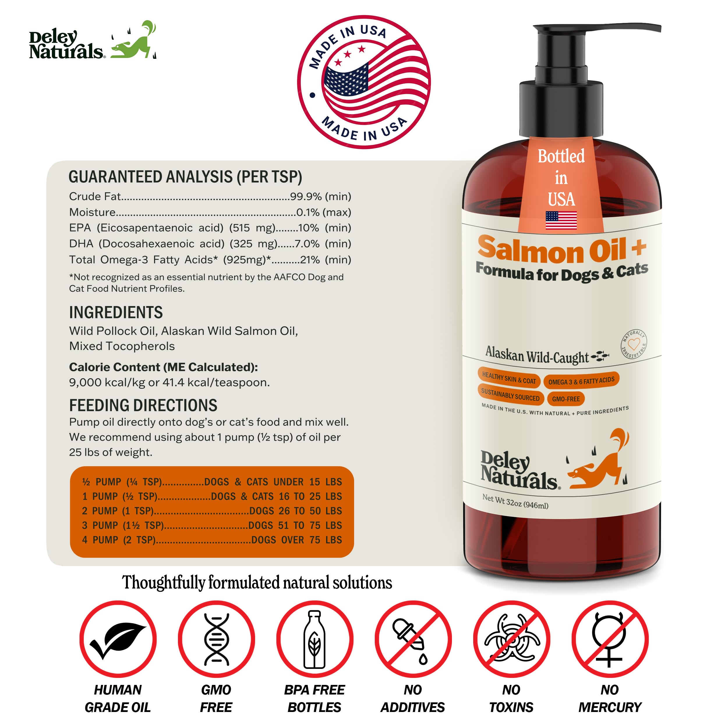 Deley Naturals Wild Alaskan Salmon Oil for Dogs & Cats - New and Improved Salmon Oil Plus Formula - Fish Oil for Dogs with Omega 3, DHA and EPA - Omega 3 for Healthy Skin and Coat - 32oz Made in USA Deley Naturals Au supplements