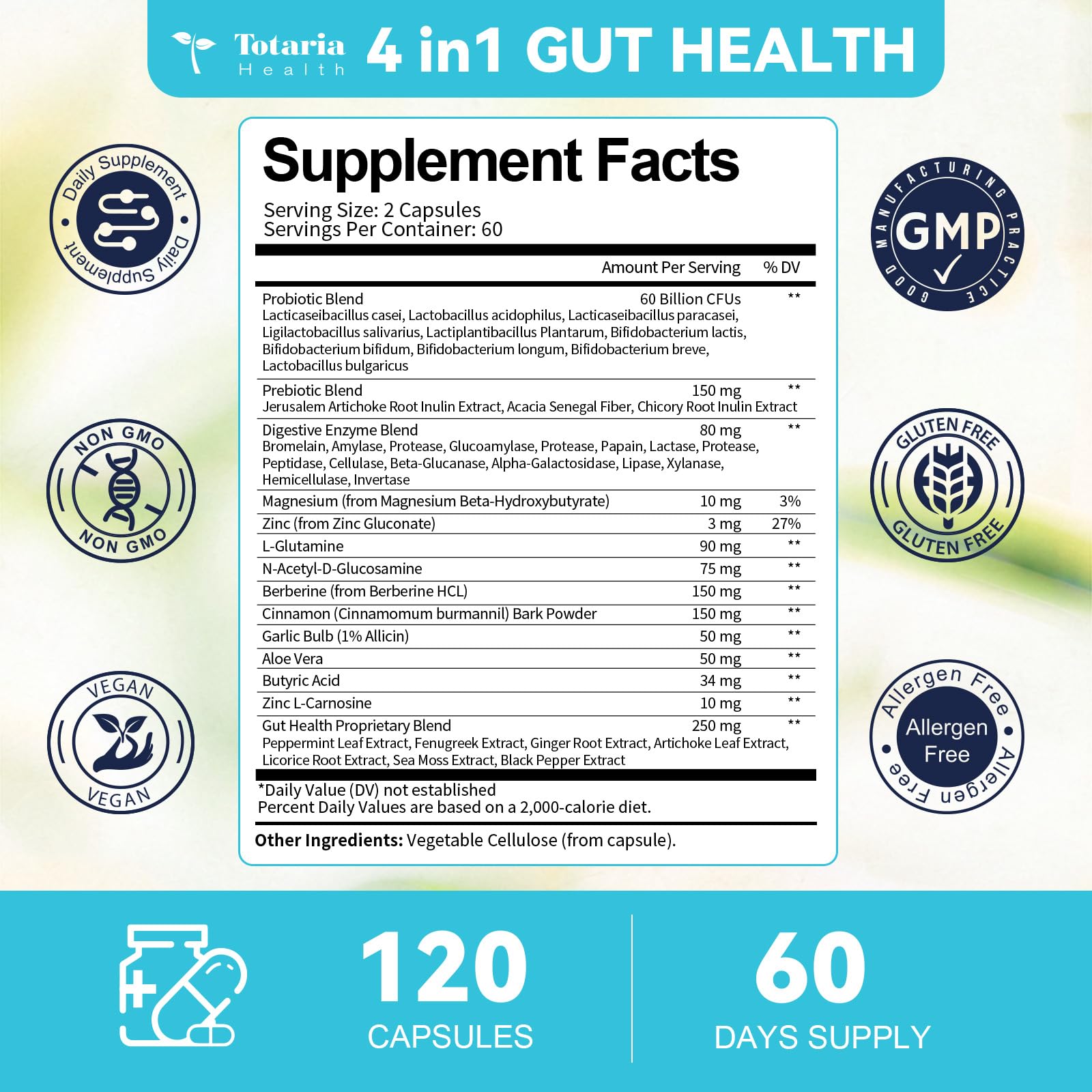 14-in-1 Gut Health with Probiotics, Prebiotics, Postbiotics & Digestive Enzymes for Women & Men, 60 Billion CFU Probiotics for Digestion, Strong Immunity, Skin, Complete Gut Health (120 Capsules) Totaria Au supplements