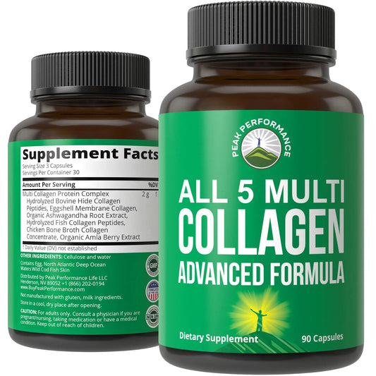 Peak Performance All 5 Multi-Collagen Capsules - 90 Pills of Grass Fed Peptides Protein - Supplement with All 5 Collagen Types I, II, III,V, X from Beef, Fish, Eggshell, and Chicken Bone Broth Peak PerformanceAU supplements