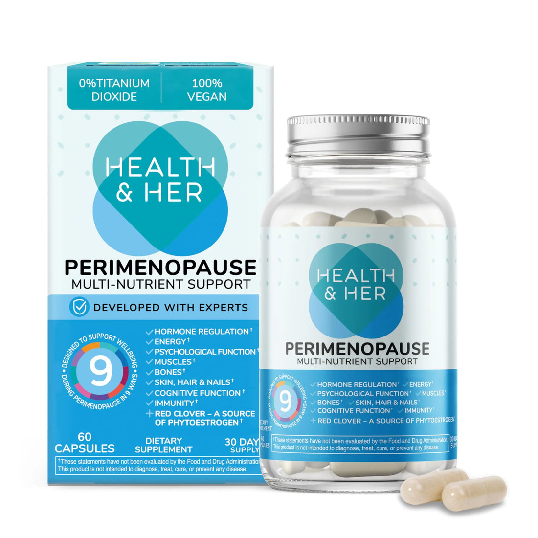 Health & Her Perimenopause Supplement for Women – The UK’s No.1 Perimenopause Supplement - Multi-Nutrient Wellbeing Support for Early Stage of Menopause, Vegan, Gluten-Free, Non GMO (60 ct - 1 Month) Health and Her uk supplements