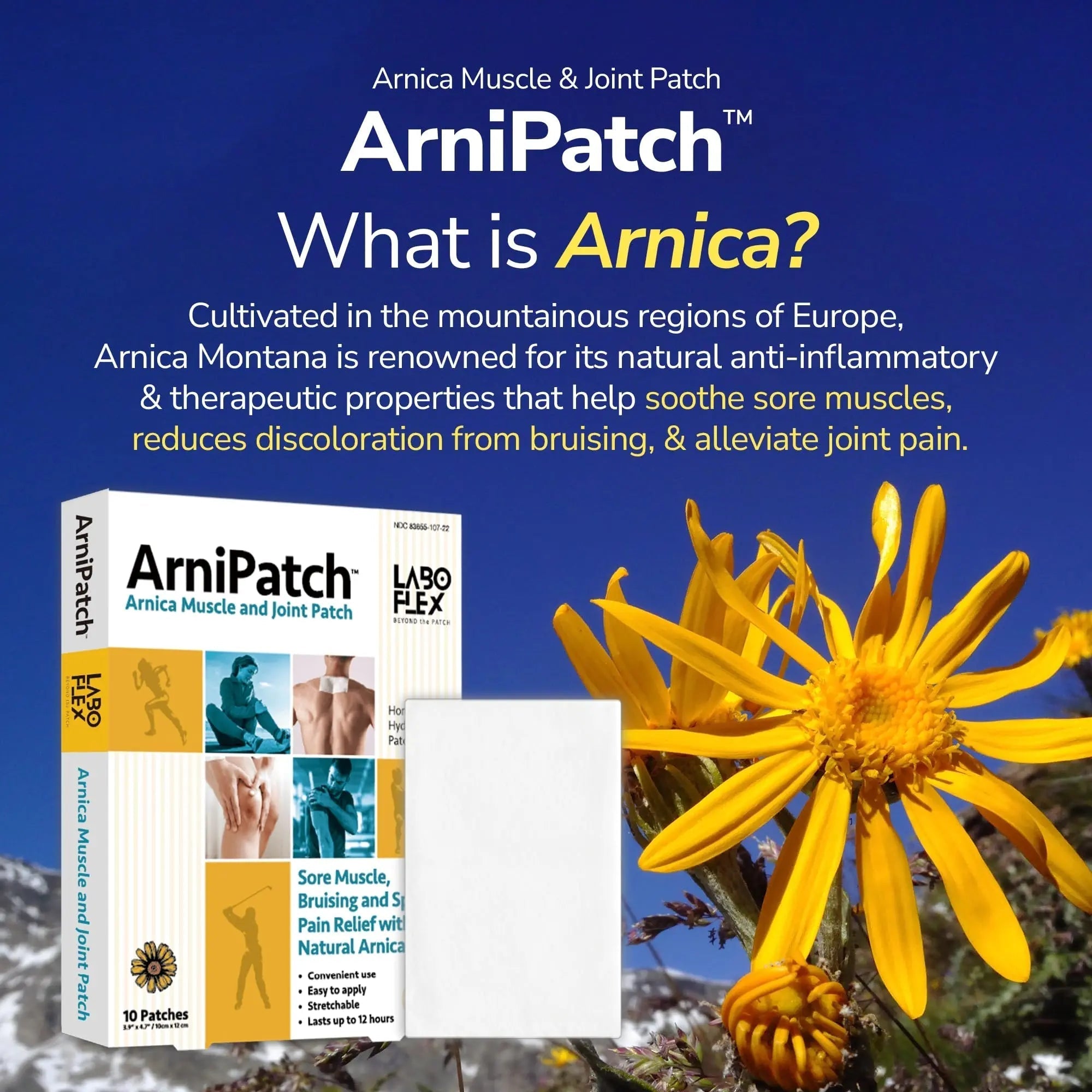 LABOFLEX Arnipatch Natural Arnica Pain Relief Hydrogel Patches – Long Lasting Relief for Muscle Soreness, Swelling, Inflammation, Stiffness & Injury on Back, Knee & Neck (Box, 10, Count) LABOFLEX Au supplements