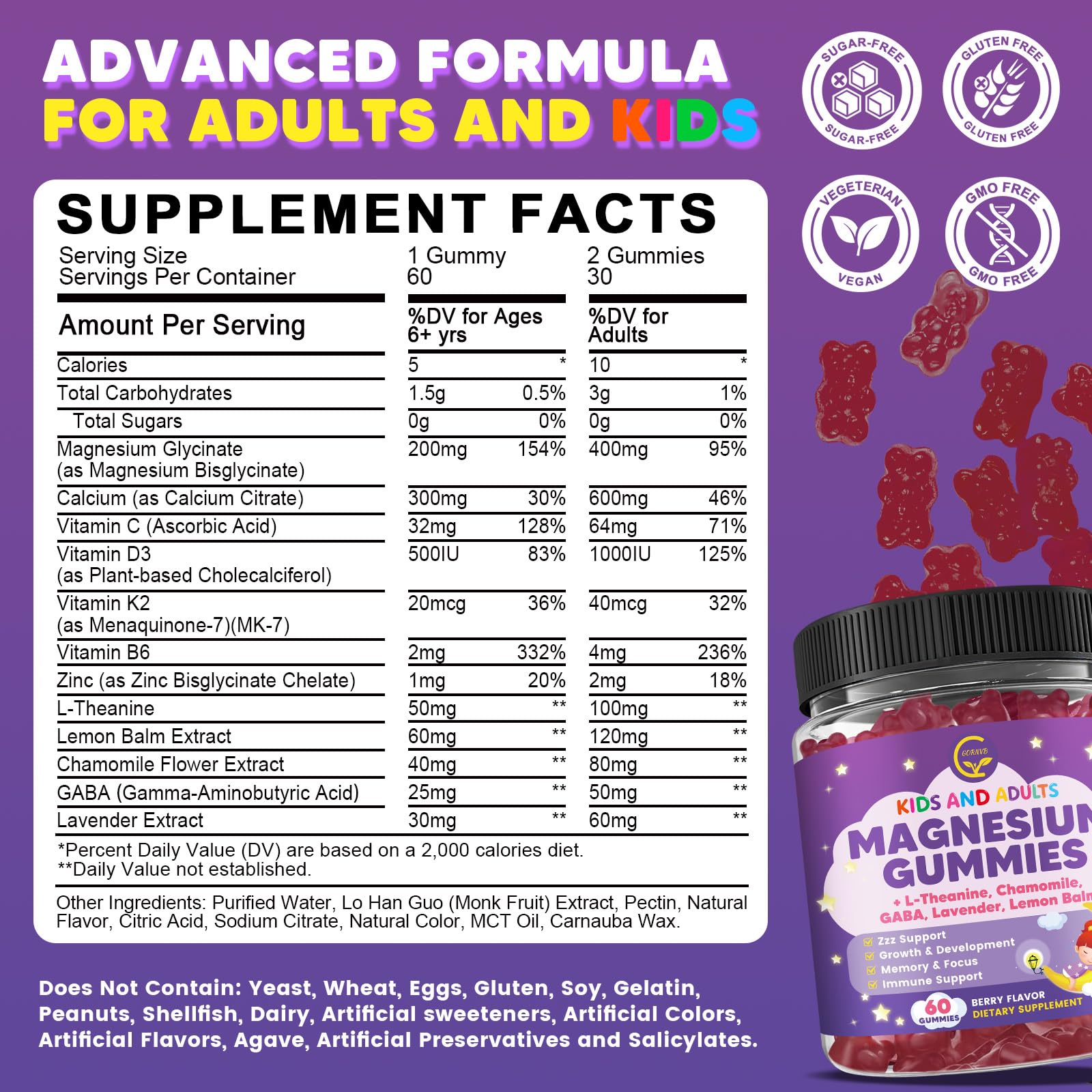 Magnesium Glycinate Gummies 400/200mg for Kids & Adults, NO Melatonin Sleep Aid Magnesium Supplement Gummies with Chamomile, Lavender, L-Theanine & GABA, B6, D3 & K2 for Bone, Relax, Immune Support GORNVB Au supplements
