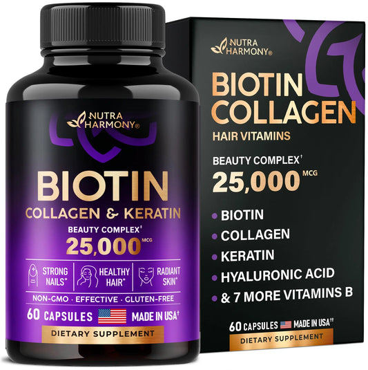 Biotin | Collagen | Keratin | Hyaluronic Acid - Hair Growth Support Pills, 25000 mcg NUTRAHARMONYAU supplements
