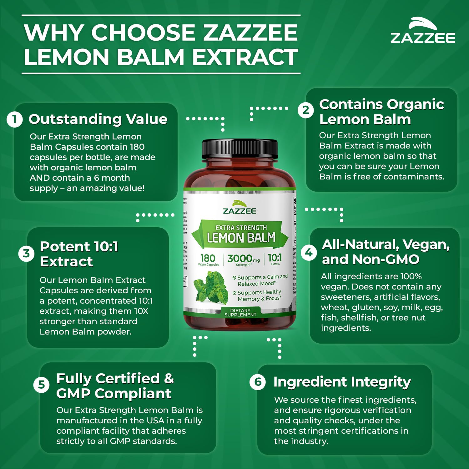 Zazzee Organic Lemon Balm 10:1 Extract, 180 Vegan Capsules, 6 Month Supply, Melissa Officinalis, Calm, Mood, Stress & Relaxation Support, Herbal Supplement, All-Natural, Non-GMO, Made in the USA Zazzee Au supplements