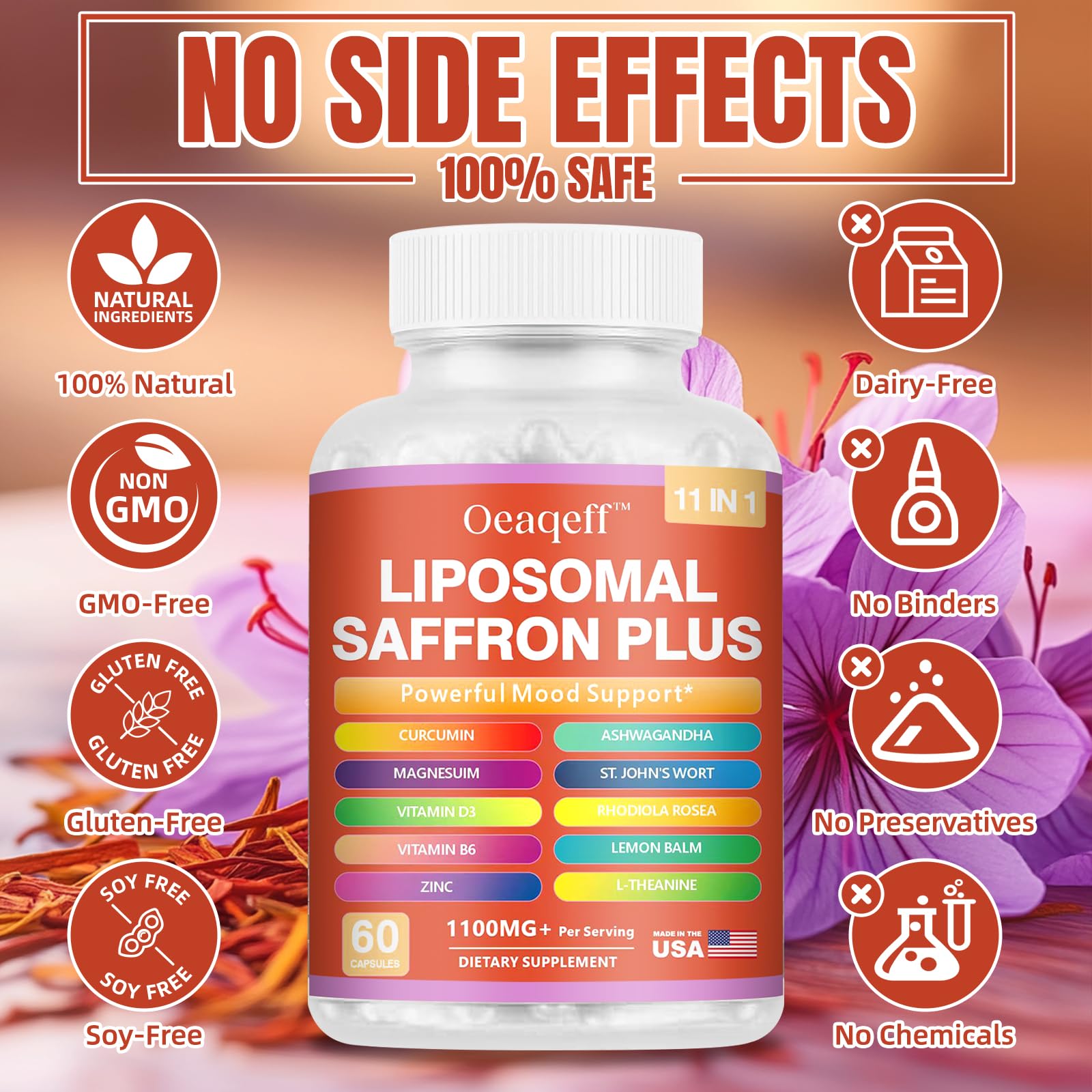 Oeaqeff Liposomal Saffron Supplements -11 in 1 100% Pure Saffron Extract 88.5 mg Maximum Absorption for Mood, Energy & Vision,Vegan, Non-GMO - 60 Vegan Capsules (1) Oeaqeff Au supplements